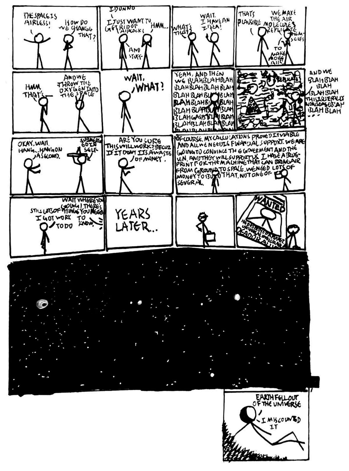 Stick-figure comic in sixteen panels followed by a large black starfield panel and a final small panel.