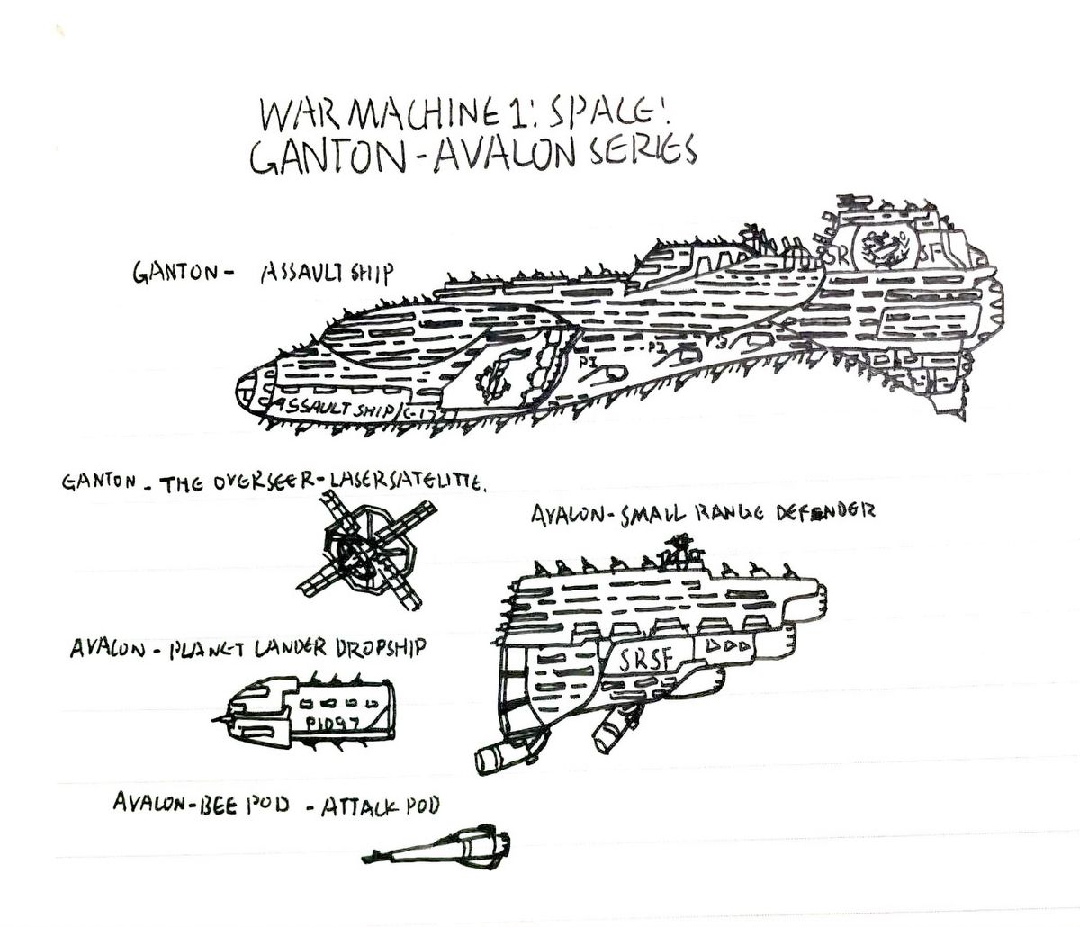 Ink drawings of a spiked assault ship, a laser satellite, a defender ship, a dropship and a small attack pod.