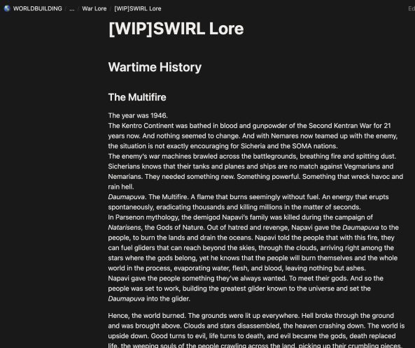 Screenshot of a work-in-progress lore entry on SWIRL wartime history.