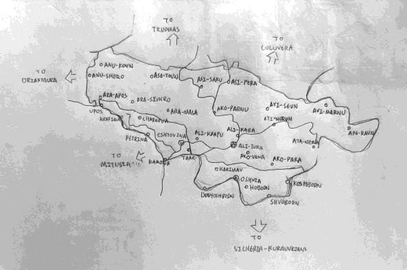 Map of Nemares with cities and rivers.