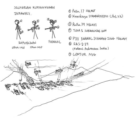 Stick-figure infantry designs and a battle illustration.