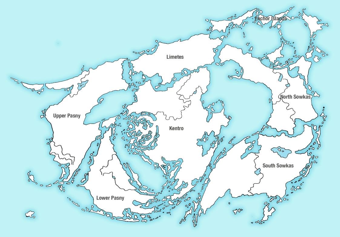 Hand-drawn world map: the continent of Kentro at centre, with Upper and Lower Pasny to the west, Limetes to the north, and North and South Sowkas to the east.